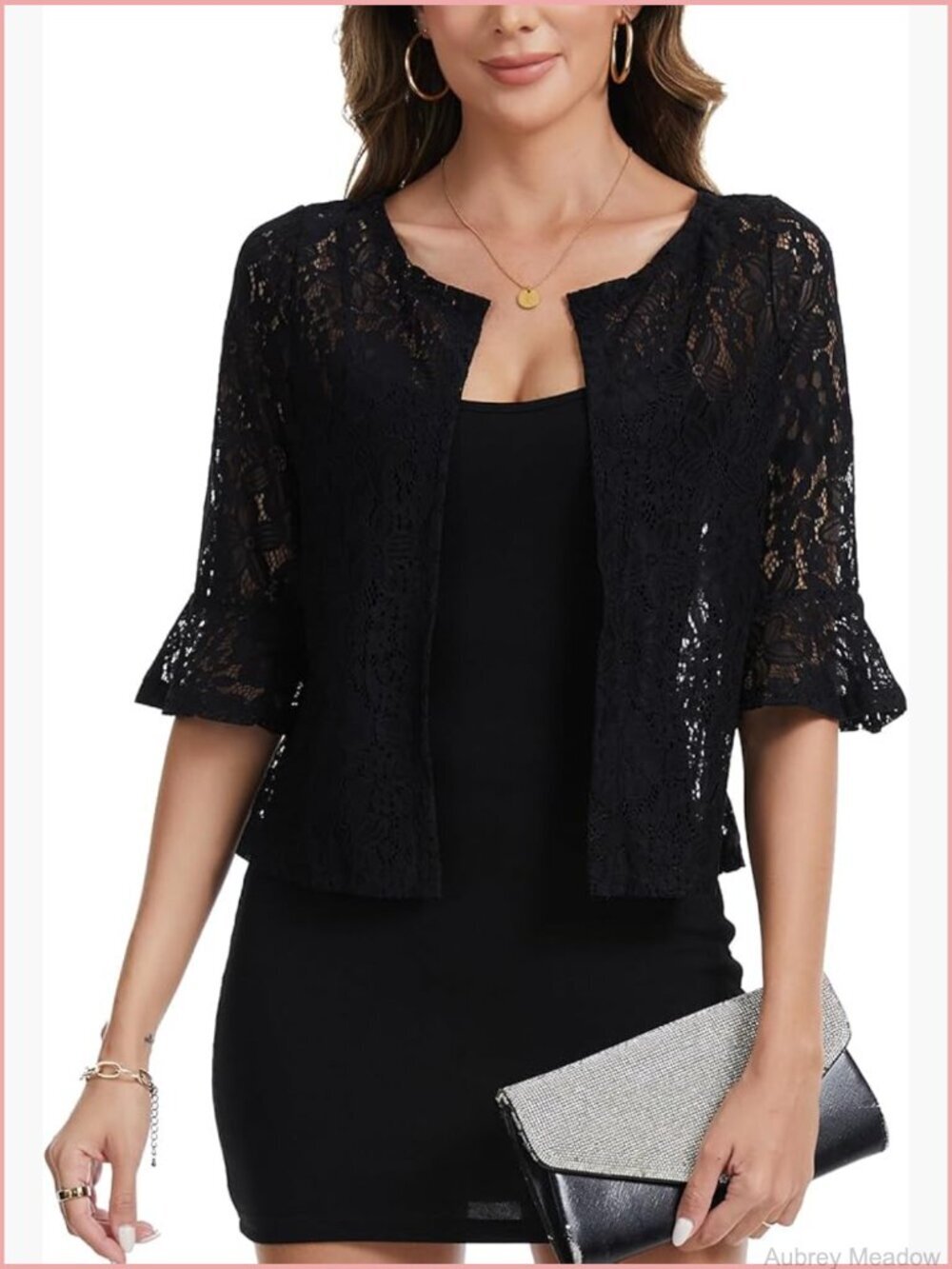 Elegant Floral Lace Bolero Shrug Ruffle 3/4 Sleeve Open Front Cropped Cardigan